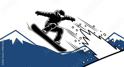 Dynamic graphic illustration of a snowboarder jumping over snowy mountains with snow spray.