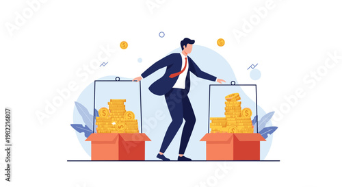 Successful businessman balances between two boxes filled with gold coins representing wealth management and financial stability concepts.