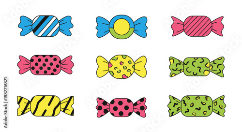 A collection of nine colorful candies with various patterned wrappers, isolated on a white background.