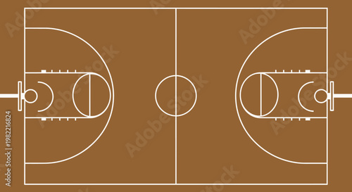 Overhead view of a standard basketball court layout with white lines on a brown background, showing all key playing areas and markings.