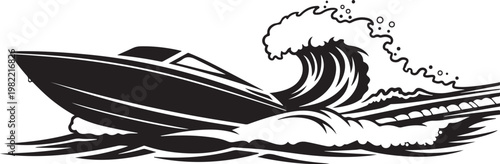 Speedboat, wave, nautical, vector, black and white, illustration, watercraft