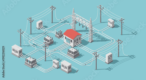 Isometric illustration of an electrical power grid with a central station, transformers, and utility poles connected by wires on a blue background.