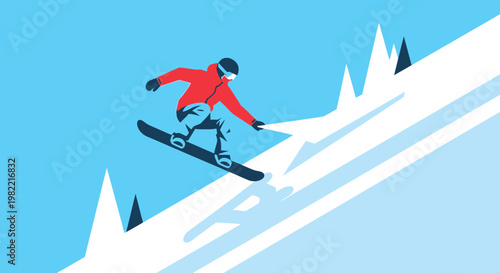 An active snowboarder performing an extreme action jump on a snowy mountain slope during a fast-paced winter sports vacation
