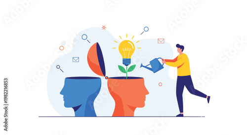 Creative person watering lightbulb plant growing inside an open head representing the cultivation of new ideas and intellectual growth.
