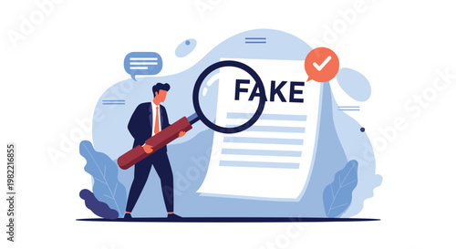 Professional businessman investigates document with word fake using large magnifying glass representing fraud detection and verification.