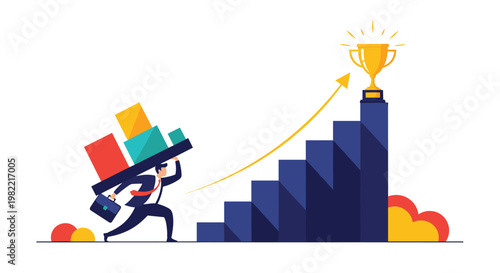 Businessman carries heavy stack of blocks up stairs towards golden trophy representing hard work and dedication to achieving career goals.