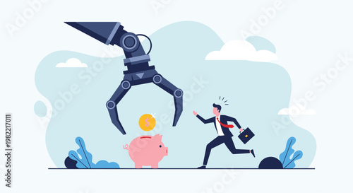 Businessman runs to protect a pink piggy bank from a giant robotic claw representing financial security and saving money from threats.