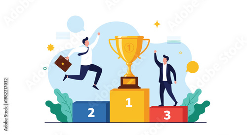 Two successful businessmen celebrate on winner podium with large gold trophy representing team achievement and winning business competition.