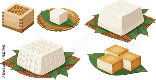 Tofu Blocks and Soybean Curd Collection with Fresh Slices Traditional Asian Plant Based Protein Food Illustration Set for Healthy Cooking Design