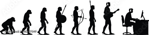 Evolution of man silhouette from primitive ancestors and hunters to modern musician and office worker sitting at computer desk for human progress concept vector.