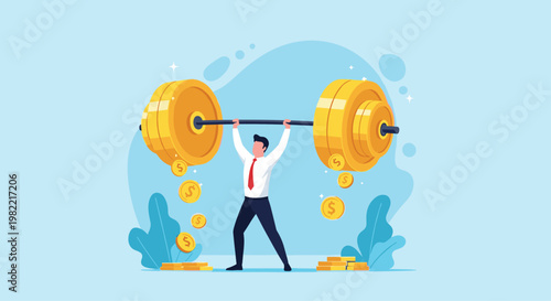 Strong businessman lifts heavy barbell made of giant gold coins representing financial power and the weight of wealth management tasks.