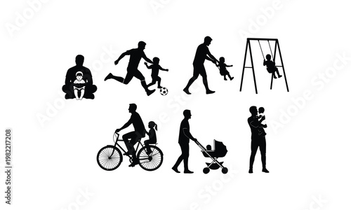 Father and child silhouette playing soccer, on swing, bike, stroller, holding baby vector illustration.