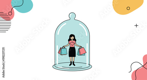 Young girl with shopping bags standing inside a glass bell jar representing retail therapy or protected consumer behavior concept.