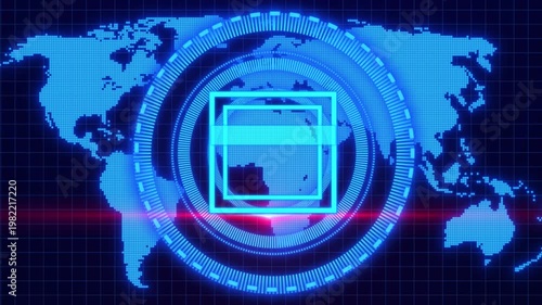 Abstract Futuristic Digital Technology Background Featuring A Glowing Blue Dotted World Map, A Central Neon Square HUD Interface, And Concentric Rings. A Vibrant Red Lens Flare Light Streak Sweeps 