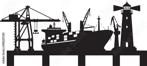 Industrial port silhouette, cargo ship, crane, lighthouse icons, black vector graphics
