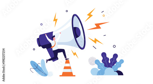Ambitious professional jumping through a giant megaphone to amplify a marketing message and reach a new audience.