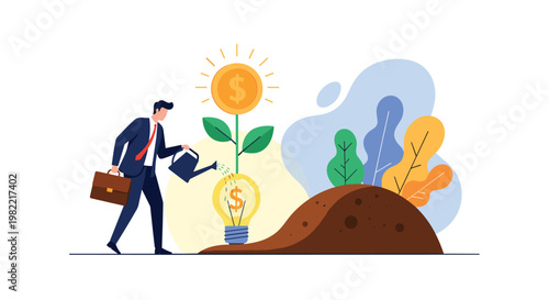 Entrepreneur watering a growing coin plant emerging from a lightbulb to signify funding for innovative ideas.