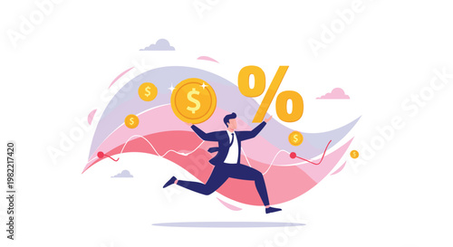 Financial executive running with a giant dollar coin and percentage sign to illustrate market speed and inflation.