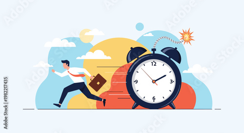 Stressed manager running away from a giant alarm clock bomb illustrating the pressure of high business deadlines.