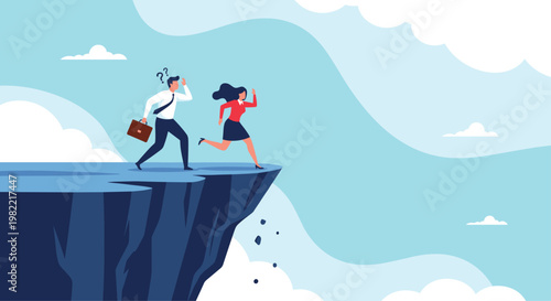 Business partners running together towards a dangerous cliff edge symbolizing high risk strategy and failure.