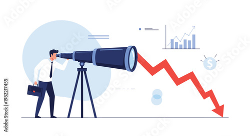 Financial specialist looking through a telescope at a downward red arrow to predict a market crash and recession.