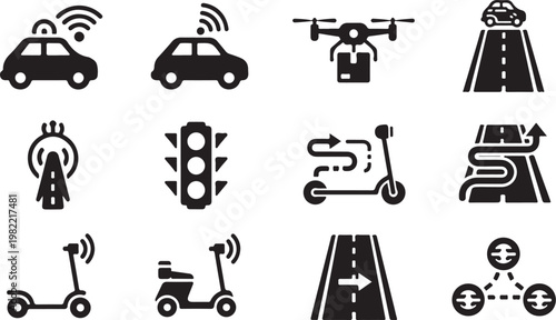 Connected transportation icons, vehicle symbols, road signs, wireless communication, smart mobility graphics