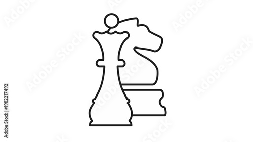 Canvas Print Minimalist black vector icon illustration of chess pieces featuring a queen and knight, symbolizing strategy, competition, and tactical thinking in a clean line art style on white background