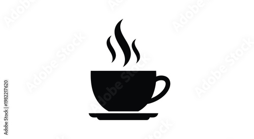 A simple black silhouette of a steaming cup of coffee or tea