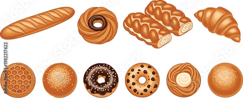 Bakery Bread and Pastry Collection with Donuts Croissants and Baguette Sweet and Savory Baked Goods Illustration Set for Cafe Menu Design