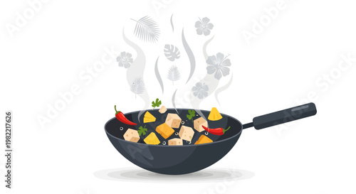 Steaming hot stir-fry in a black wok with vegetables and steam