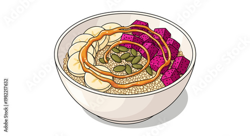 Delicious oatmeal bowl with fruits and seeds, healthy breakfast