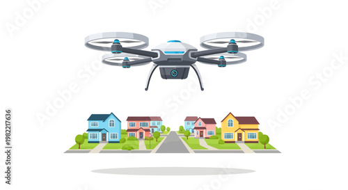 Drone flying over suburban neighborhood houses