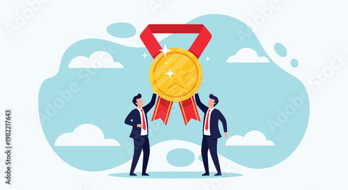 Two businessmen holding up a massive gold medal to celebrate a significant partnership and shared achievement.