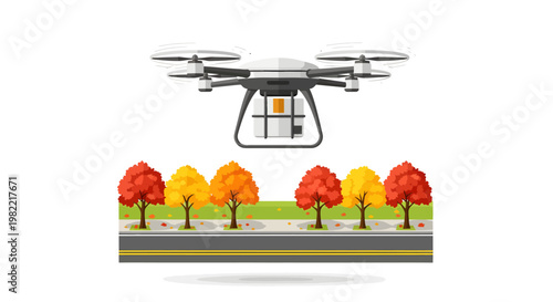 Drone flying over autumn trees on roadside