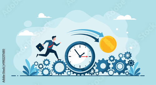 Productive worker running on mechanical gears towards a clock and coin to illustrate time management and value.
