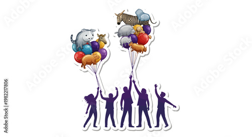 People holding colorful balloons with animal shapes flying high