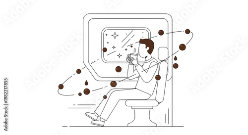 Man sitting on toilet with germs and bacteria around him