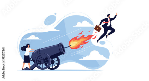 Career professional being launched from a giant cannon to symbolize explosive growth and momentum in business.