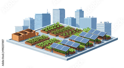 Urban farm with solar panels and cityscape background