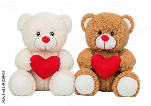 Two cute teddy bears holding hearts isolated on transparent background, PNG