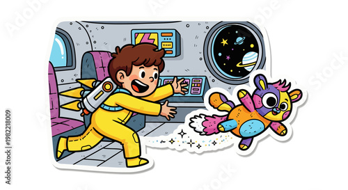 cartoon boy and dog in space suit running on spacecraft