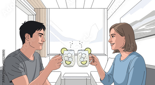 Man and woman toasting with gin and tonic drinks on a train