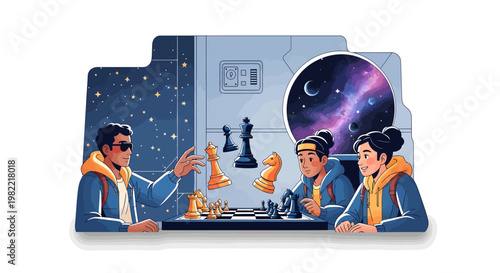 People playing chess under starry night sky and galaxy