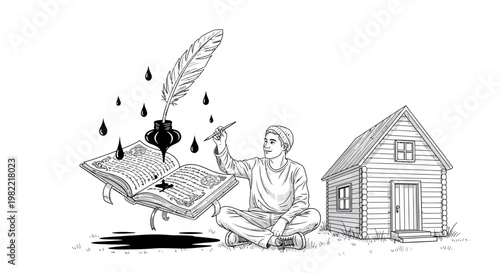 man sitting next to house with book and feather pen ink