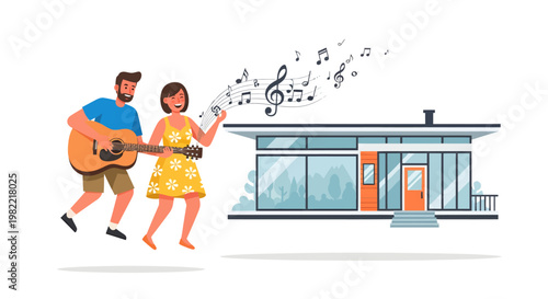 happy couple dancing and playing music outside modern house