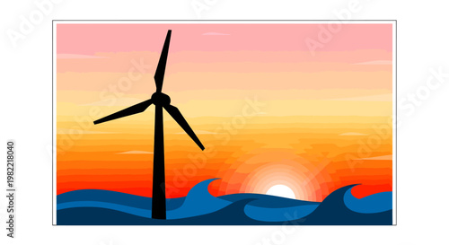 Wind turbine at sunset over ocean waves, renewable energy concept