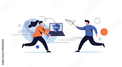 Couple runs towards a laptop computer protected by a virtual private network shield to ensure data security and privacy.