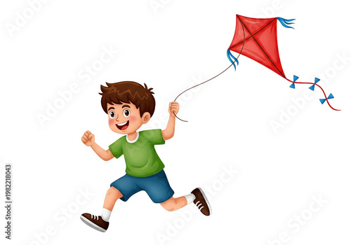 A boy running with a red kite isolated on transparent background, PNG