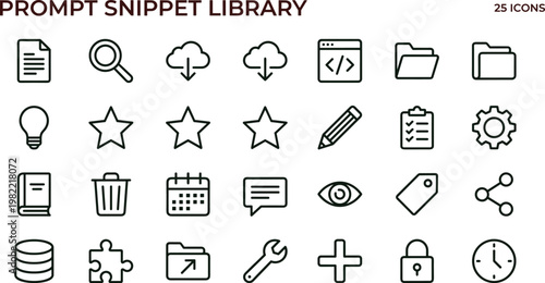 Prompt snippet library outline icon set with coding storage management workflow symbols for dashboards apps presentations web interface development systems