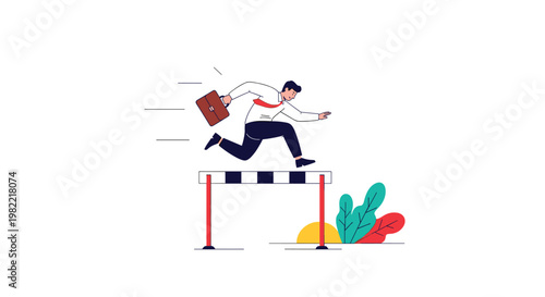 Determined businessman carrying a briefcase jumps over a hurdle representing overcoming professional challenges in his career path.